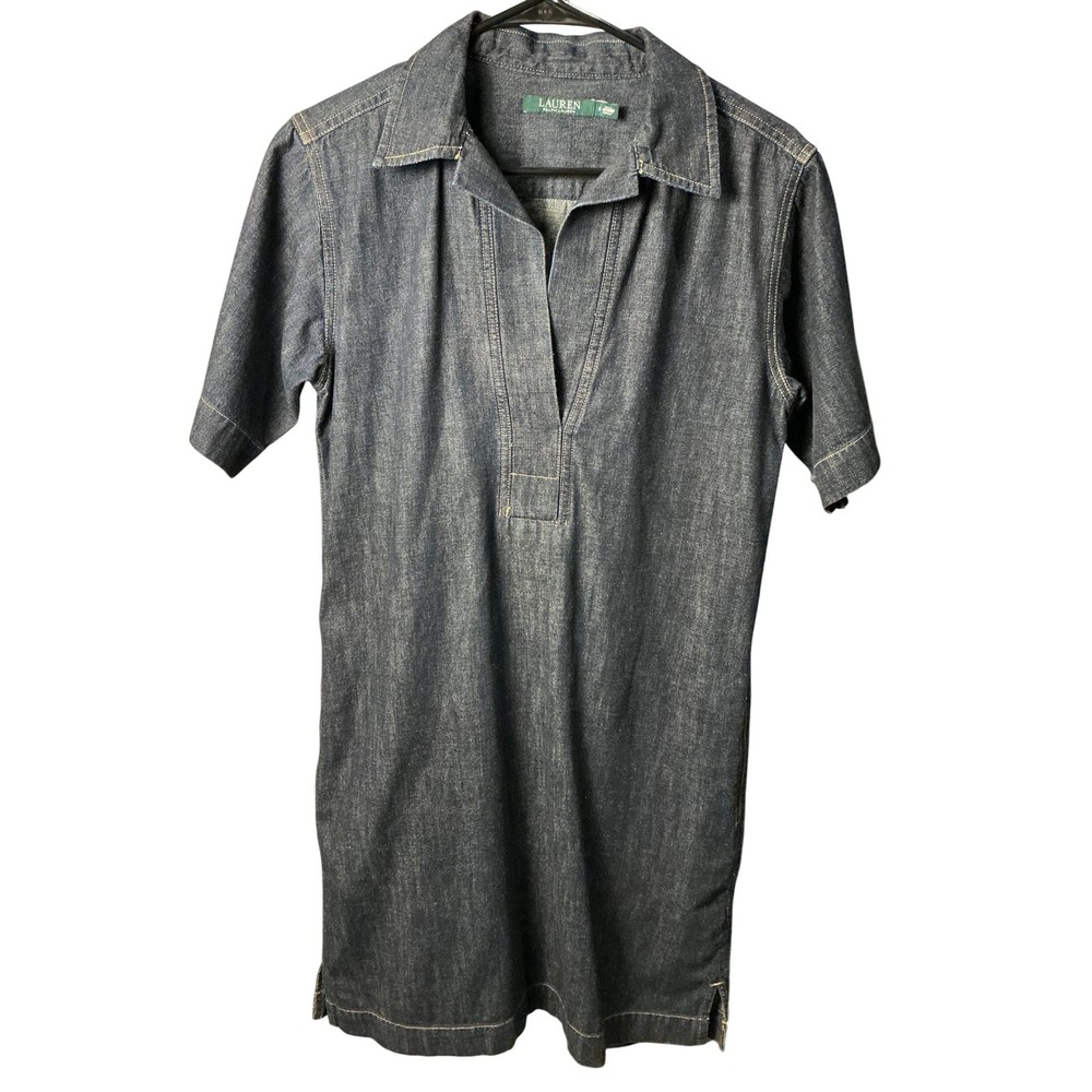 Lauren Ralph Lauren Dark Wash Denim Shift Dress Short Sleeve Indigo Blue Mini